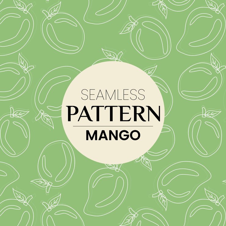 Buen diseño de patrón sin costura de fruta de mango dibujado a mano para envases a nivel de hierbas encurtidas o frascos de frutas
