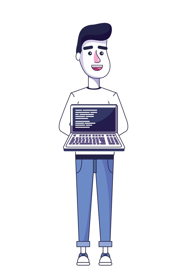 Vector buen hombre con laptop y programacion de codigo