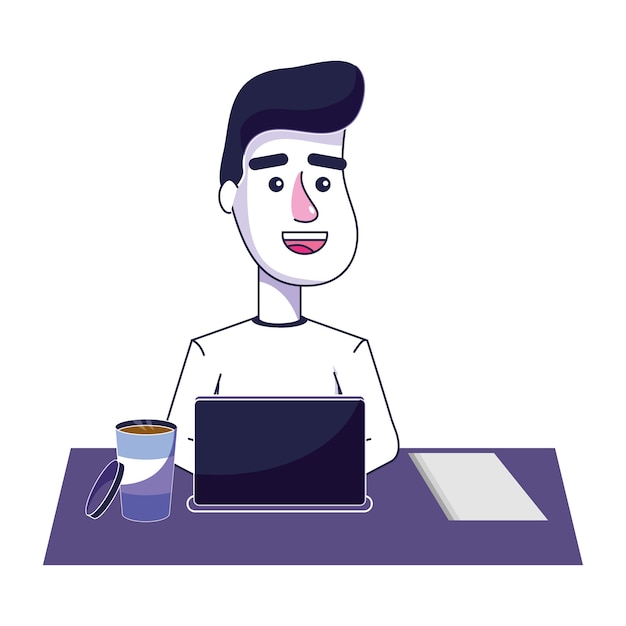 Buen hombre con tecnología portátil y café.