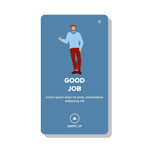 Buen trabajo pulgar para arriba gesticular vector de empresario. buen trabajo muestra mostrando empleado jefe o socio. personaje aprobado trabajo realizado o retroalimentación positiva emoción web ilustración de dibujos animados plana