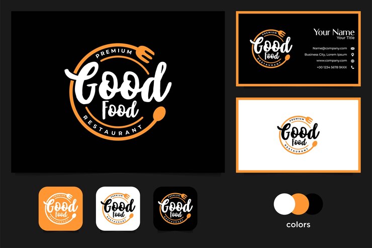 Vector buena comida diseño de logotipo vintage y tarjeta de visita.