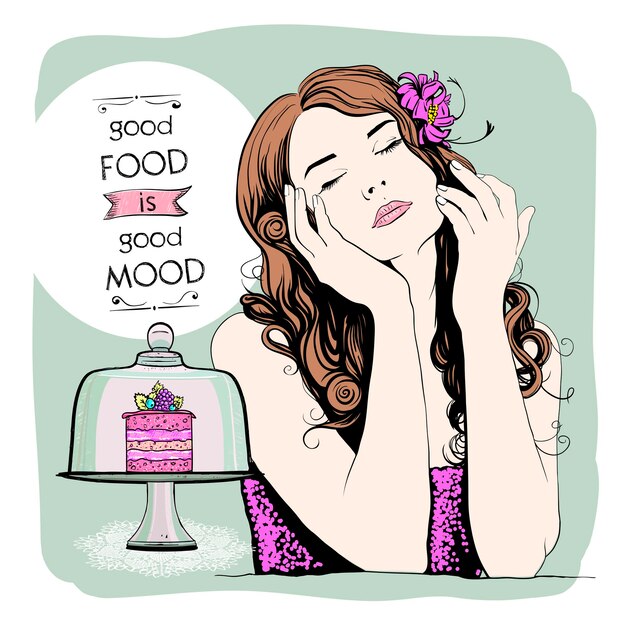 La buena comida es buen humor - cartel de vector con retrato de mujer bonita feliz soñando con dulces