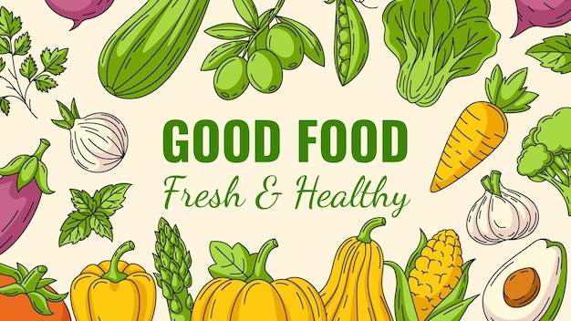 Buena comida fresca y saludable verduras de granja vector horizontal pancarta verduras iconos marco espacio