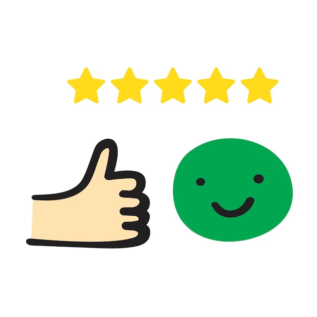Buena experiencia del cliente Revisión de calificación de cinco estrellas Cara verde feliz Diseño plano Ilustración
