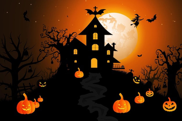 Buena fiesta de Halloween plantilla de diseño de banner con murciélagos de la luna árbol y casa de fantasmas