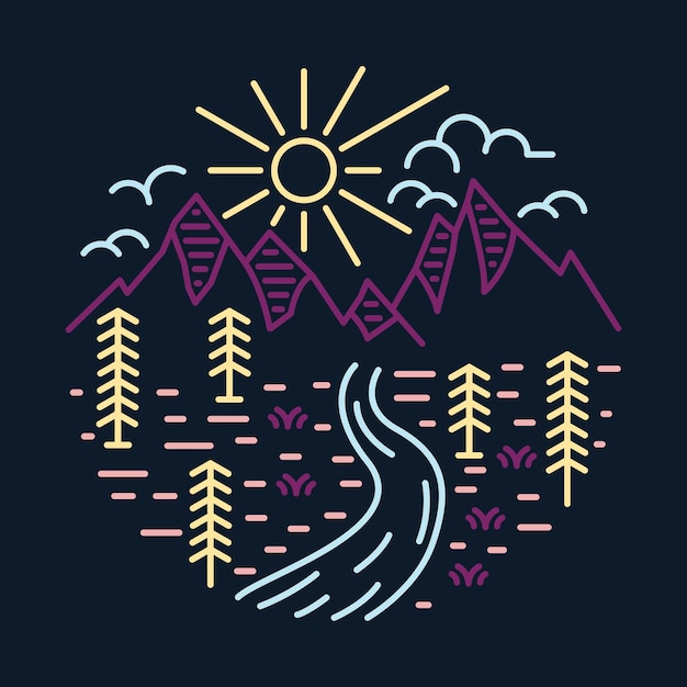 Buena manera de río desde montañas ilustración gráfica arte vectorial diseño de camiseta