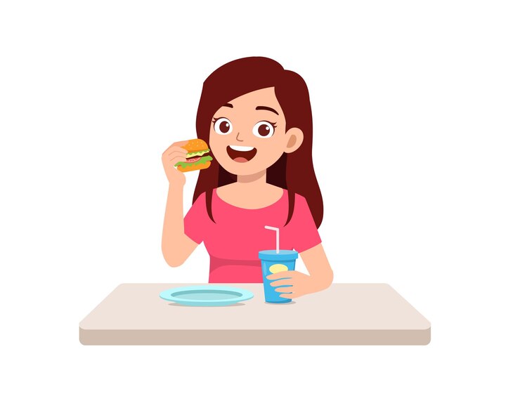 Vector buena mujer joven comer comida rápida poco saludable