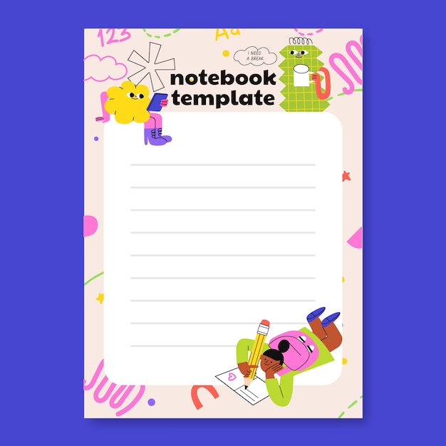 Buena plantilla de cuaderno con coloridas ilustraciones de dibujos animados