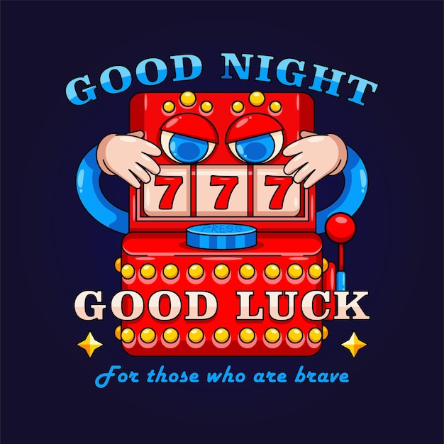 Buenas noches, buena suerte, mascota de las máquinas de juego, vector retro.