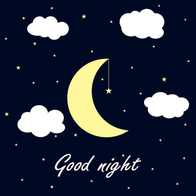 Buenas noches ilustración vectorial Luna y estrellas en el cielo nocturno con nubes
