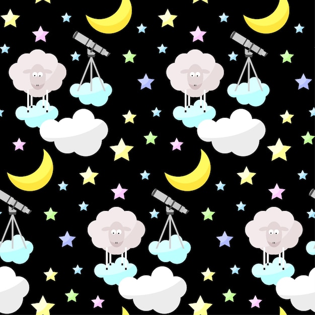 Buenas noches infantil brillante divertido vector de fondo transparente. Luna de dibujos animados, nube, estrella, oveja.