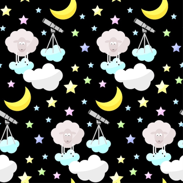 Buenas noches infantil brillante divertido vector de fondo transparente. luna de dibujos animados, nube, estrella, oveja.