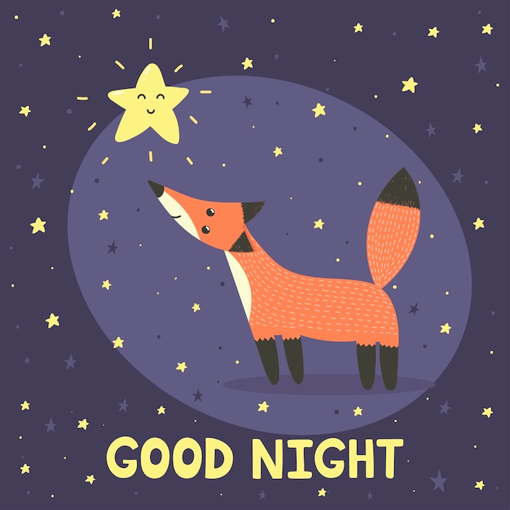 Vector buenas noches con lindo zorro y estrella. ilustración vectorial