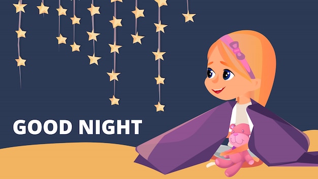  Buenas noches, niña en pijama, sentada en manta. | Vector Premium