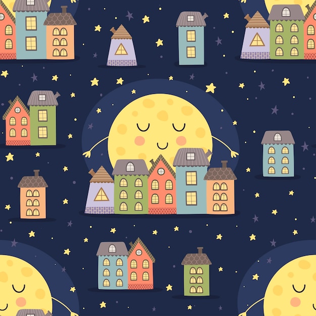 Buenas noches patrón transparente con luna durmiendo y paisaje de la ciudad de dibujos animados. ilustración vectorial