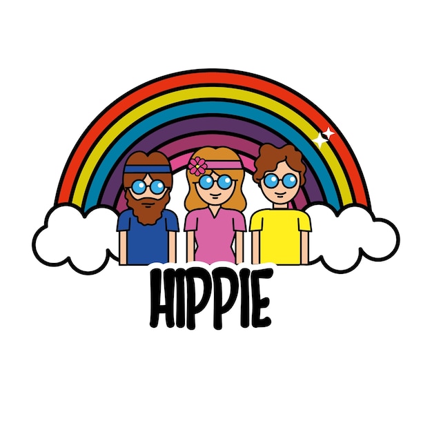 Buenas personas hippies con arco iris y nubes