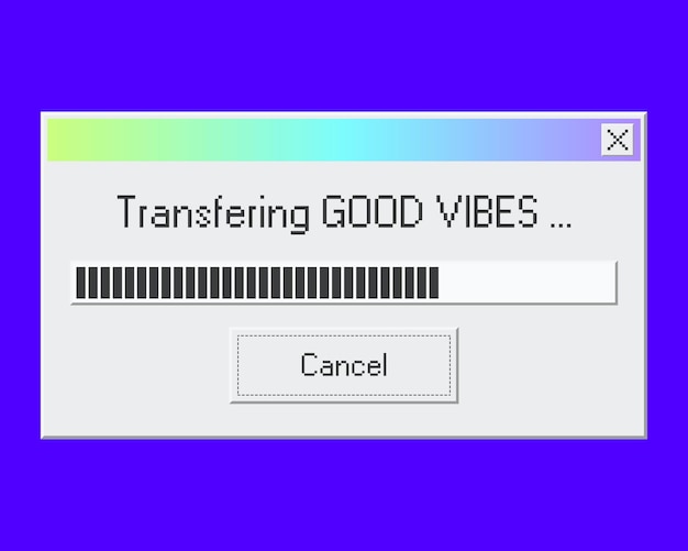 Buenas vibraciones transfiriendo el diseño de interfaz de usuario de notificación de PC antiguo Alerta del sistema o ventana de carga con progreso
