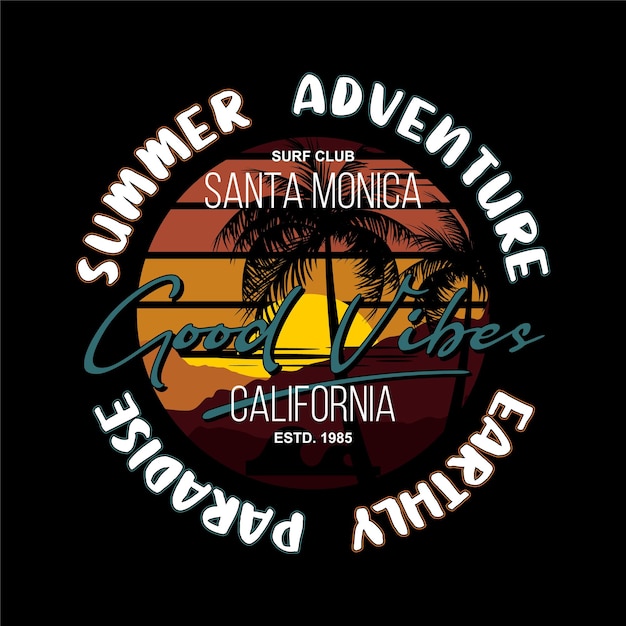 buenas vibraciones verano aventura santa monica california gráfico vector impresión