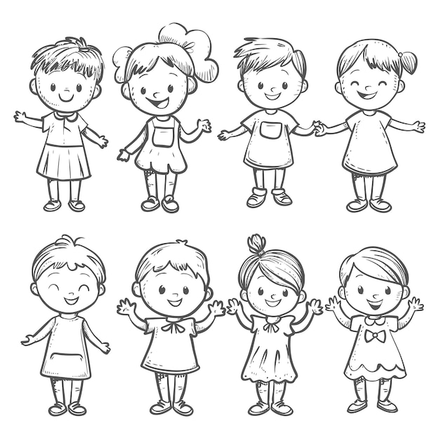 Vector bueno dibujo a mano niños lindos conjunto estilo doodle ilustración color negro sólo