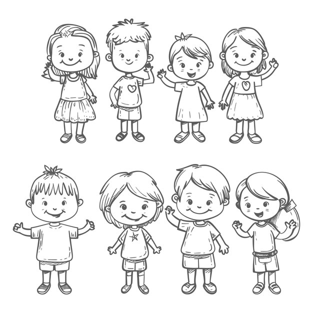 Vector bueno dibujo a mano niños lindos conjunto estilo doodle ilustración color negro sólo