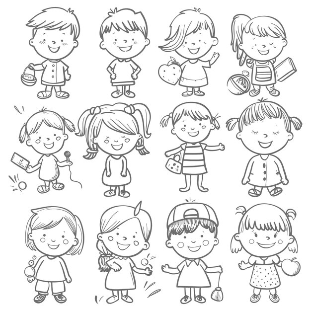 Vector bueno dibujo a mano niños lindos conjunto estilo doodle ilustración color negro sólo