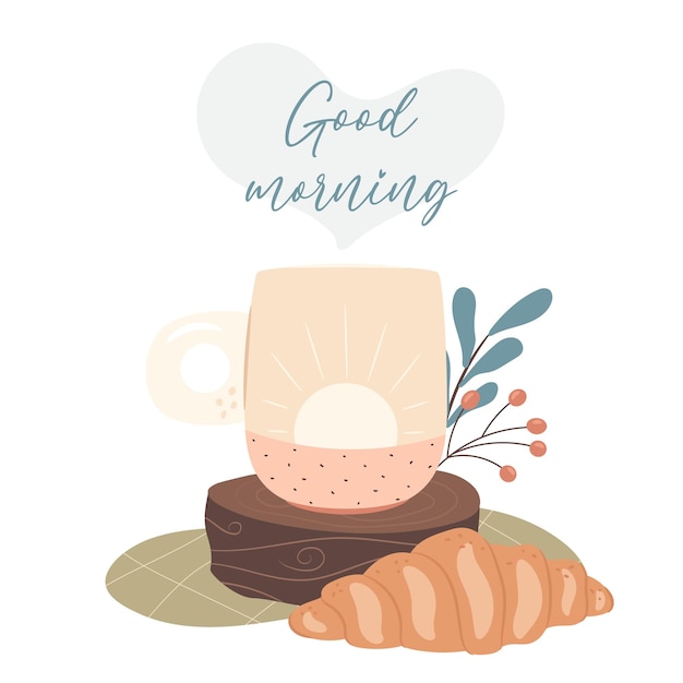 Buenos días Café y croissants Acogedor concepto de días de otoño Ilustración vectorial