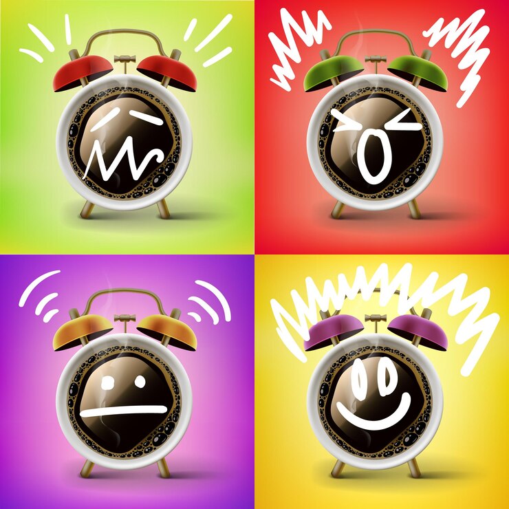 Vector buenos días café y despertador concepto. taza con cara de garabato de humor, ilustración vectorial.