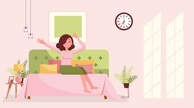 Buenos días chica estirar bostezo en la cama. Mujer joven soñolienta en la cama bostezando y estirando. Interior del dormitorio de la mañana en suaves tonos rosados con luz solar en la pared. Ilustración de estilo de dibujos animados plana.