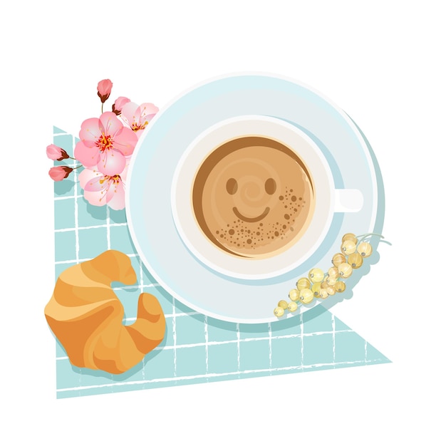 Buenos días desayuno con taza de café y fondo de diseño de croissant. Ilustración vectorial