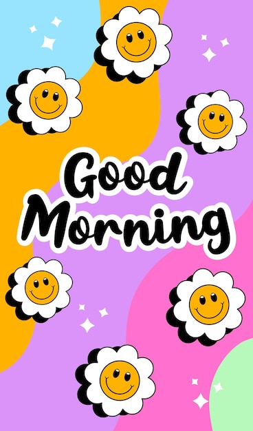Buenos días fondo colorido con una cara de flor emoji sonrisa vector