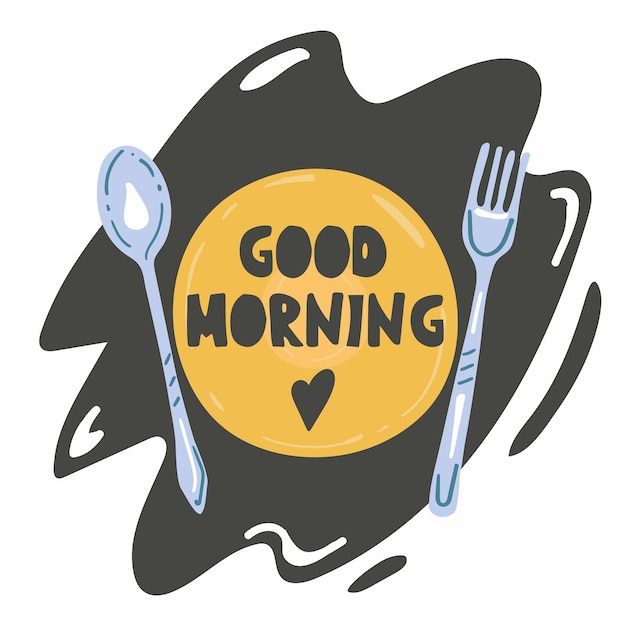 Buenos días Letras con plato amarillo azul tenedor y cuchara estilo dibujado a mano cartel para café o restaurante menú silueta plana vector ilustración