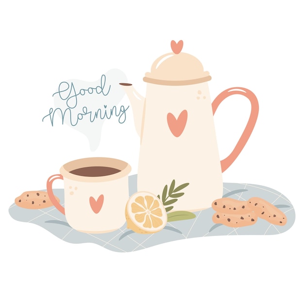 Buenos días Tetera y limones Concepto acogedor de desayuno matutino