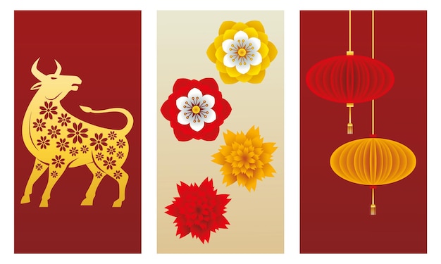 Buey de año nuevo chino y lámparas colgando con flores ilustración