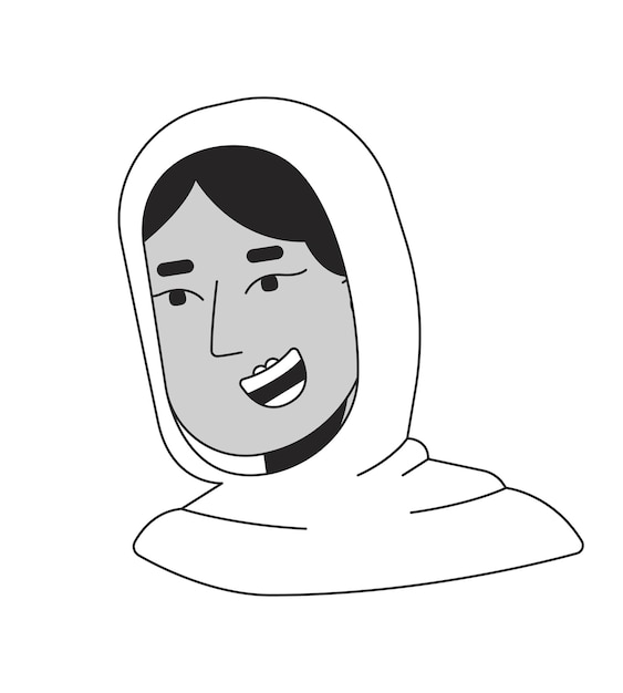 Bufanda hijab mujer positiva en blanco y negro línea 2D cabeza de personaje de dibujos animados mujer musulmana adulta joven sonriendo alegremente contorno vectorial aislado cara de persona ilustración de punto plano monocromático