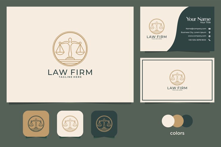 Bufete de abogados con diseño de logotipo de estilo de arte lineal y tarjeta de presentación
