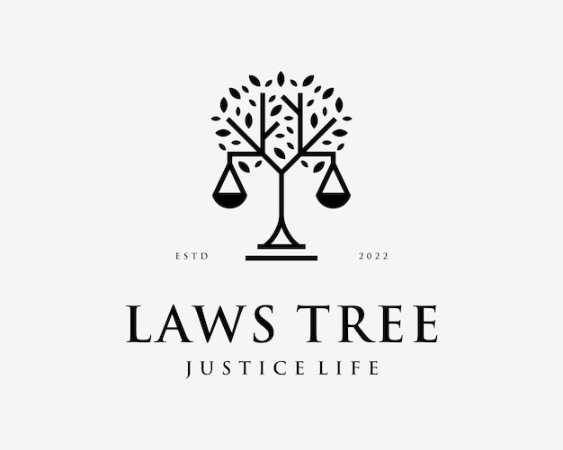 Bufete de abogados justicia equilibrio escala juicio árbol vida naturaleza rama armonía sabiduría vector logo diseño