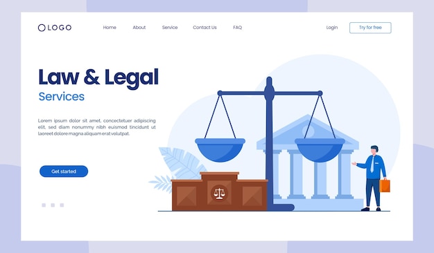 Bufete de abogados y servicios legales abogado consultor justicia ilustración plana vector plantilla de página de aterrizaje