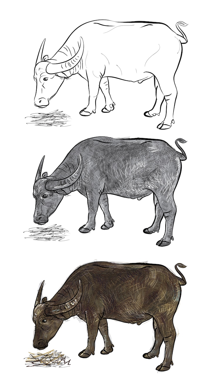 Vector buffalo comiendo heno