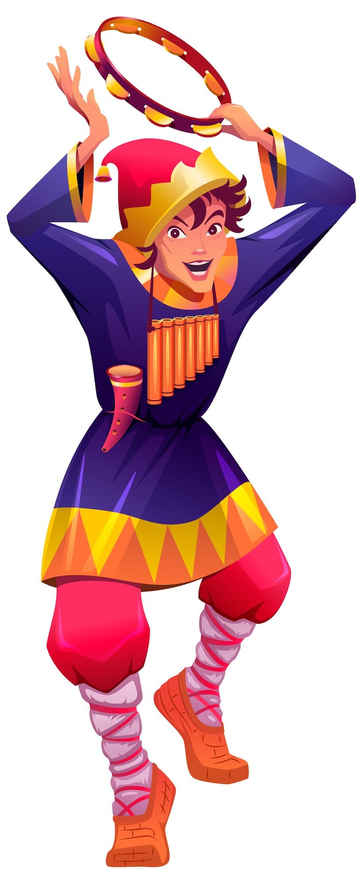 El bufón ruso baila y toca la pandereta. Payaso vintage en zapatos de líber. Ilustración de dibujos animados de vector aislado en blanco