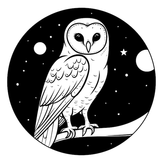 El búho en el cielo nocturno ilustración vectorial en blanco y negro
