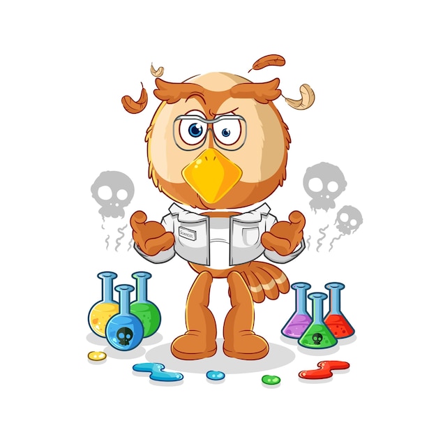 Búho científico loco ilustración vector de caracteres