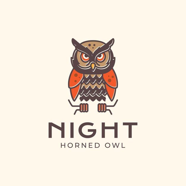 búho con cuernos encaramado enfoque colorido mascota moderna personaje de dibujos animados lindo vintage hipster diseño de logotipo ilustración vectorial