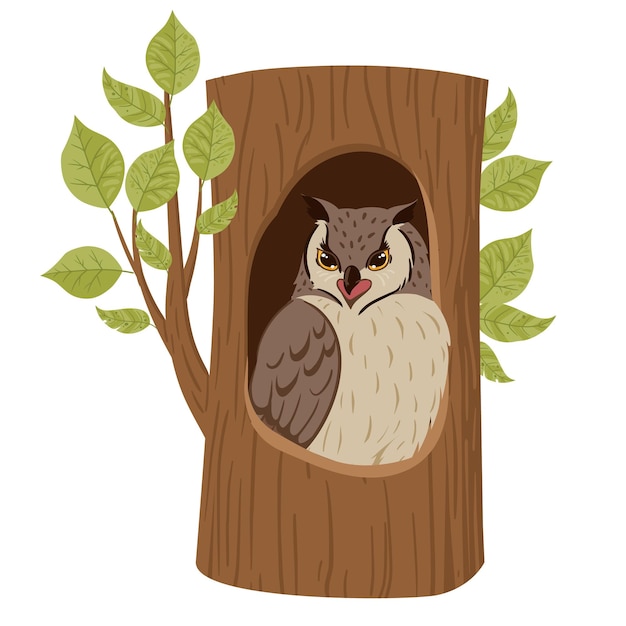 Búho de dibujos animados sentado en nido de roble árbol hueco bosque búho pájaro sentarse en bosque casa vida silvestre pájaro plano vector ilustración conjunto sobre fondo blanco