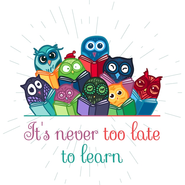 Búho divertido dibujado mano con el libro. Aprendizaje de búhos tema para impresión, tela, envoltura e ilustración, juegos, web y artículos para niños. . Vector