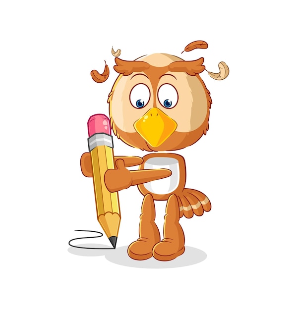 Búho escribir con vector de mascota de dibujos animados de lápiz