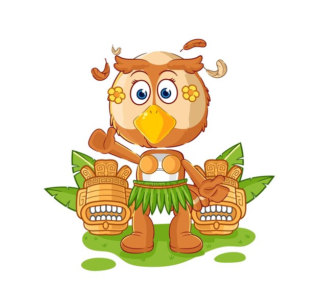 Vector búho hawaiano agitando personaje de dibujos animados mascota vector