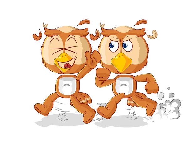 Búho jugar persecución dibujos animados mascota de dibujos animados vector