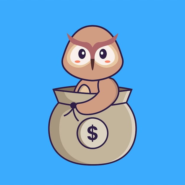 Búho lindo en una bolsa de dinero. Concepto de dibujos animados de animales aislado.