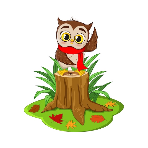 Búho lindo de dibujos animados en pañuelo rojo en tocón de árbol