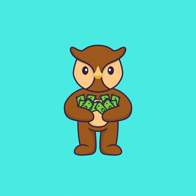 Búho lindo con dinero. Concepto de dibujos animados de animales aislado.